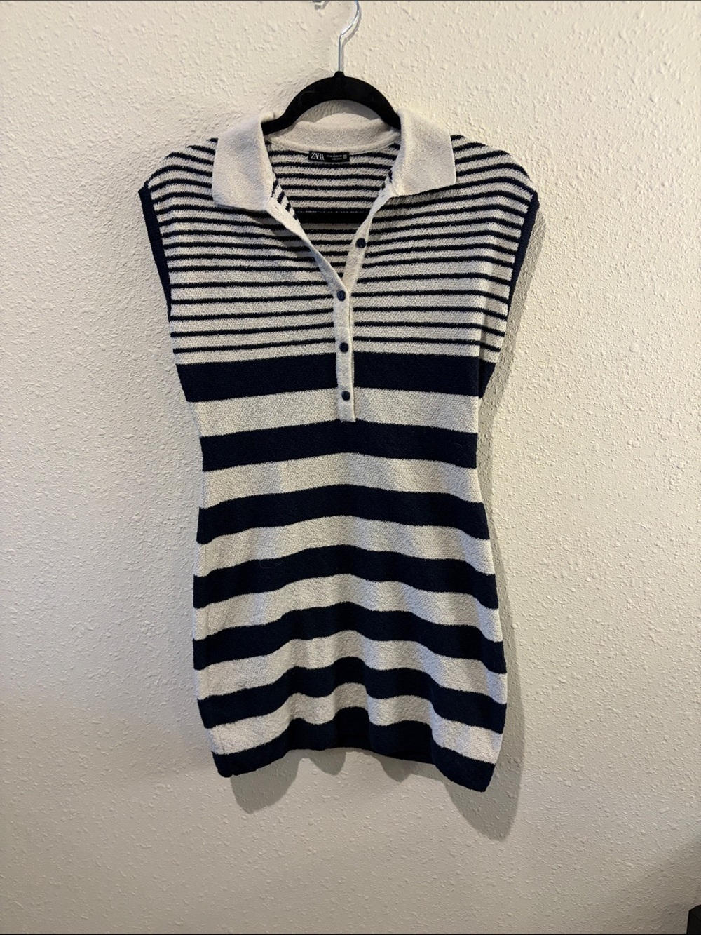 Zara Navy and White Striped Terry Mini Dress